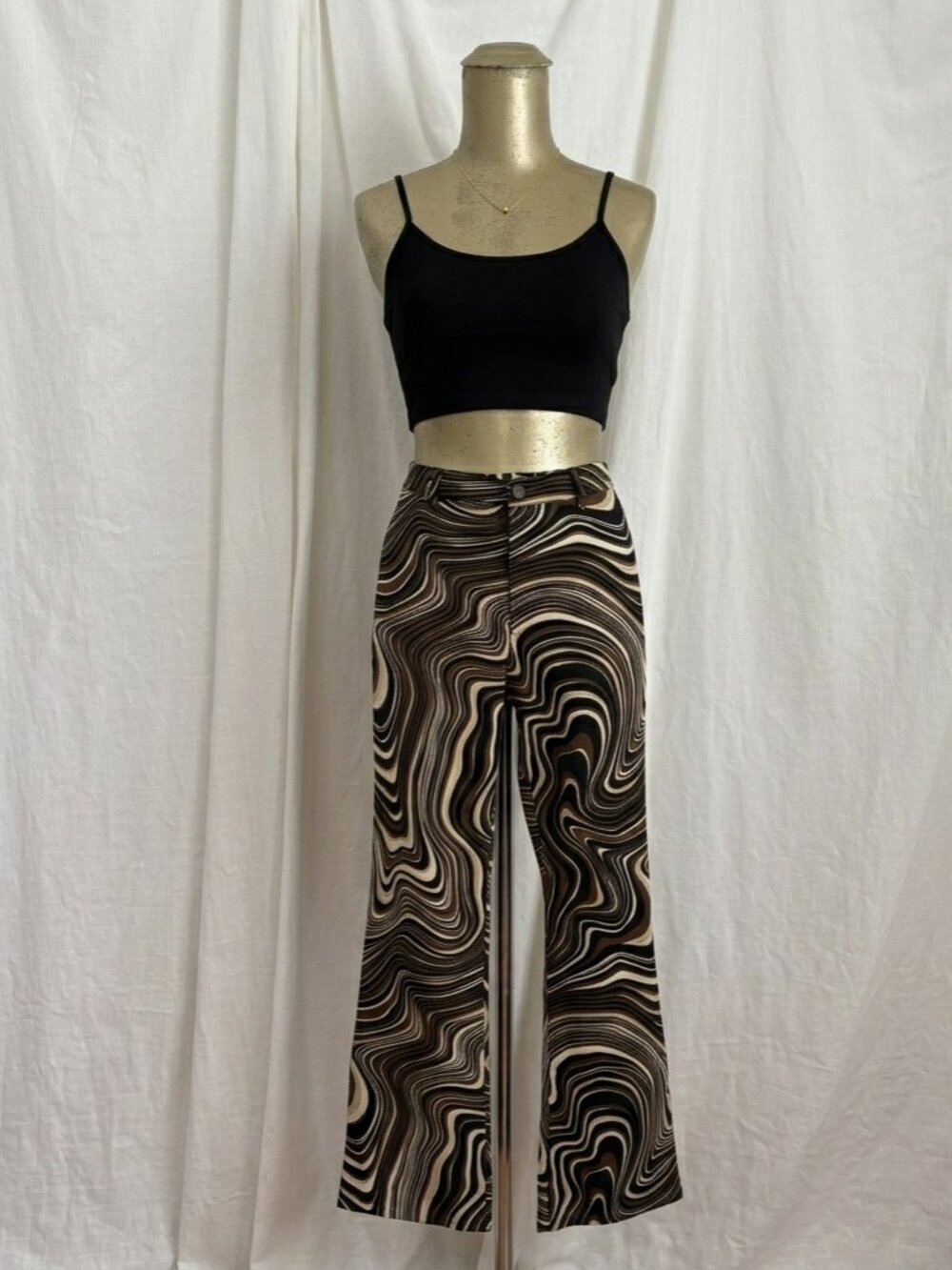 Motel High Waist Brown Ripple Print Flare 70s Style Bell Bottom Pants Jeans S